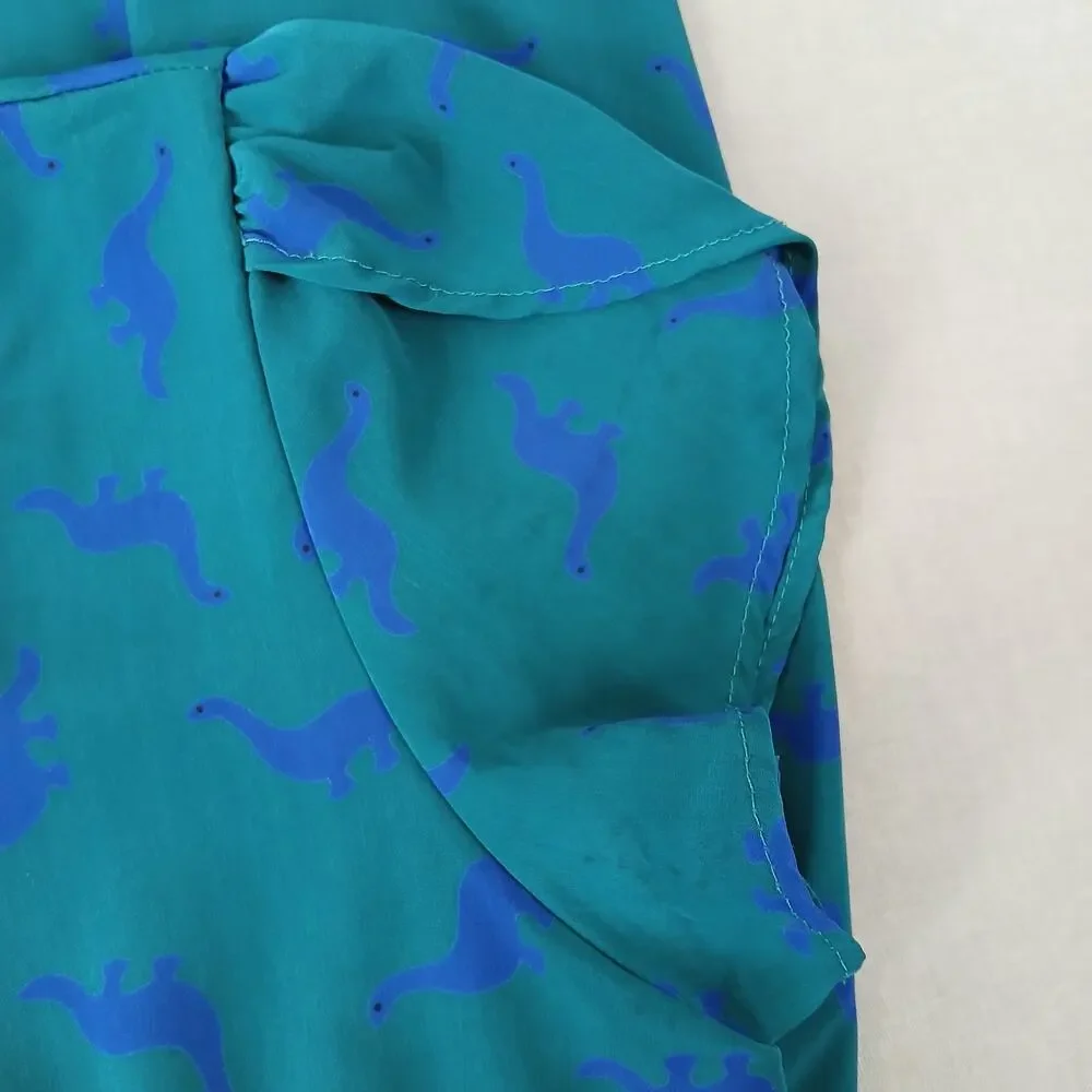 Peach Love California ModCloth Dino Print Dress M green blue blouson midi - Picture 6 of 13